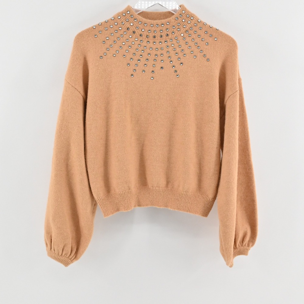 Ontwelfth Womens Embellished Mock Neck Sweater Size L Tan Studded Starburst Knit